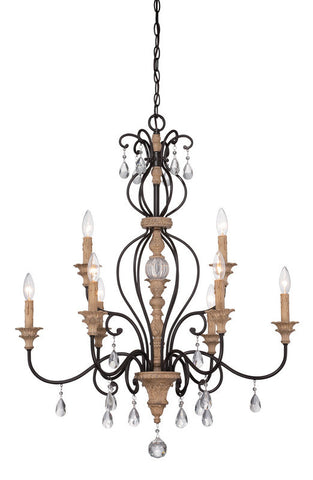 Chandelier Black Iron  Finish and  Wood and Crystal Accents #010812-015