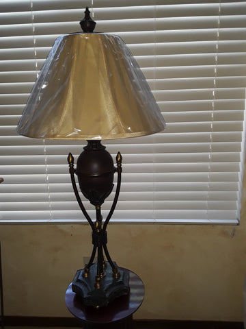 Table Lamp Bronze and Brass With Green Marble Silk Shade 07-118-JSH-37