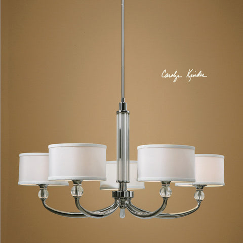 Chandelier  Polished Chrome Finish And Crystal Accents  And White Silk Shades #010851-14