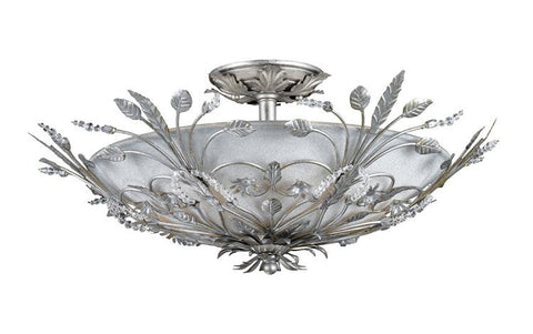 Semi Flush Mount Silver Leaf Finish And White Glass and Crystal Beads #150854-15