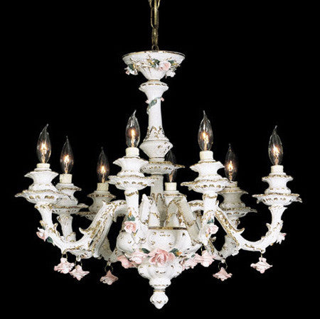 Chandelier 6 Lights Porcelain White And Pink Roses With Gold Accents #010826-014