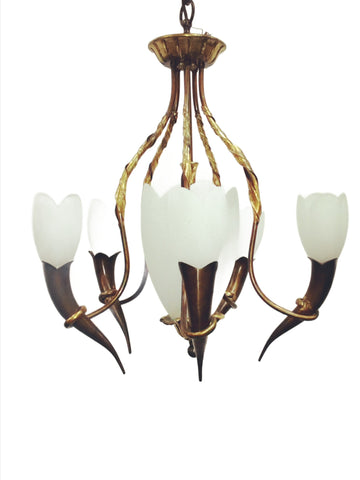 Chandelier Solid Brass Frame Bronze with Gold Leaf and Tulip Shape Glass 01-118-JSH-CH31