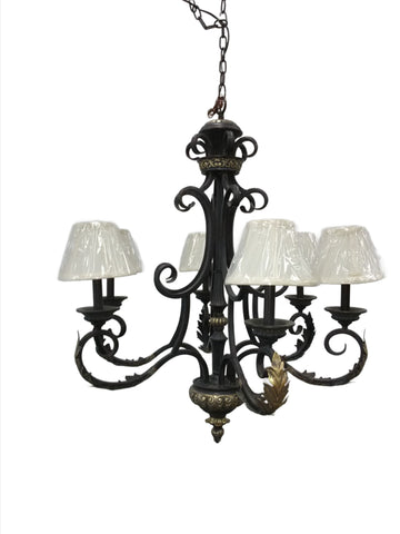Chandelier Dark Gray and gold accent with silk cream shades 01-JSH-01018