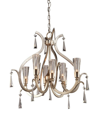 Chandelier Silver Leaf Finish And Clear Glass With Clear Crystal Drops #010807-014