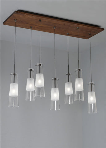 Chandelier Walnut  and Satin Nickel Finish  And Transparent and hand Etched Glass Shades #010834-14
