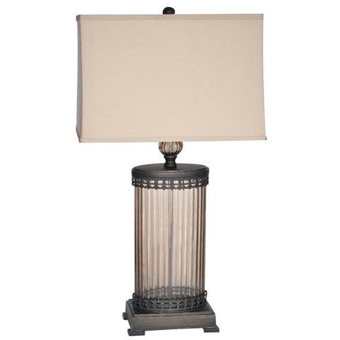 Table Lamp Bronze Finish And Glass With Cream Linen Shade #070845-14