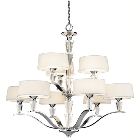 Chandelier Polished Chrome Finish And White Linen Shades And Crystal Accents #010831-39