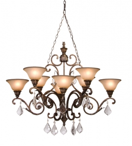 Chandelier  Bronze Finish and Hand Painted Carmelized Glass Shades with Crystal #010807-83